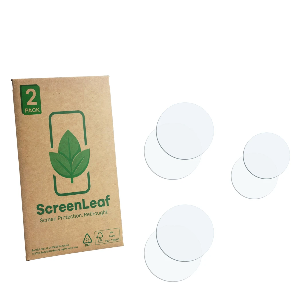 Front side of a product packaging with the brand logo ScreenLeaf. Next to it is the corresponding screen protector.