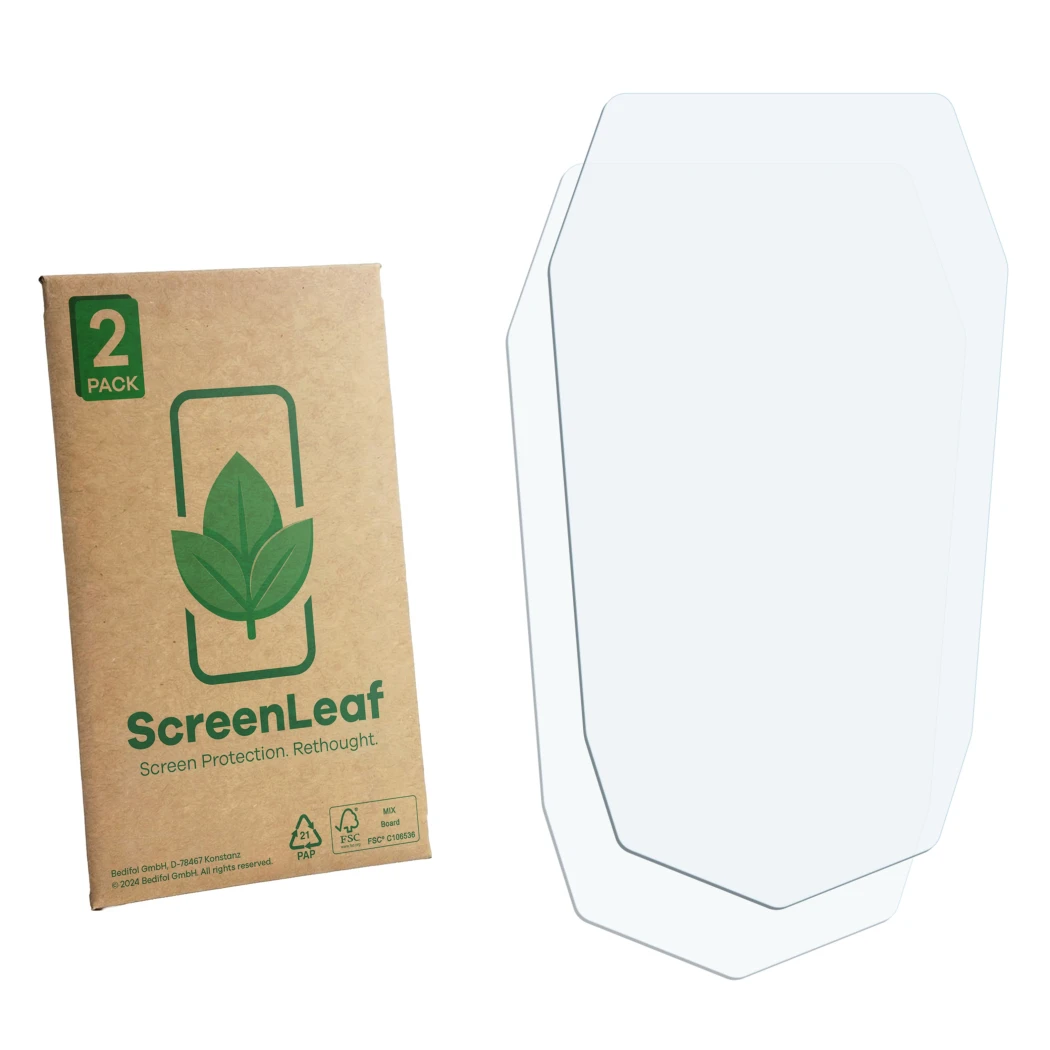 Front side of a product packaging with the brand logo ScreenLeaf. Next to it is the corresponding screen protector.