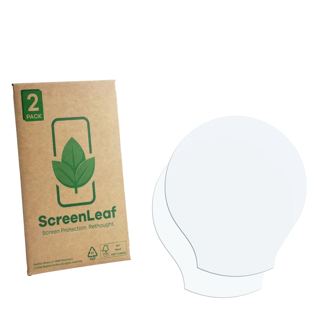 Front side of a product packaging with the brand logo ScreenLeaf. Next to it is the corresponding screen protector.