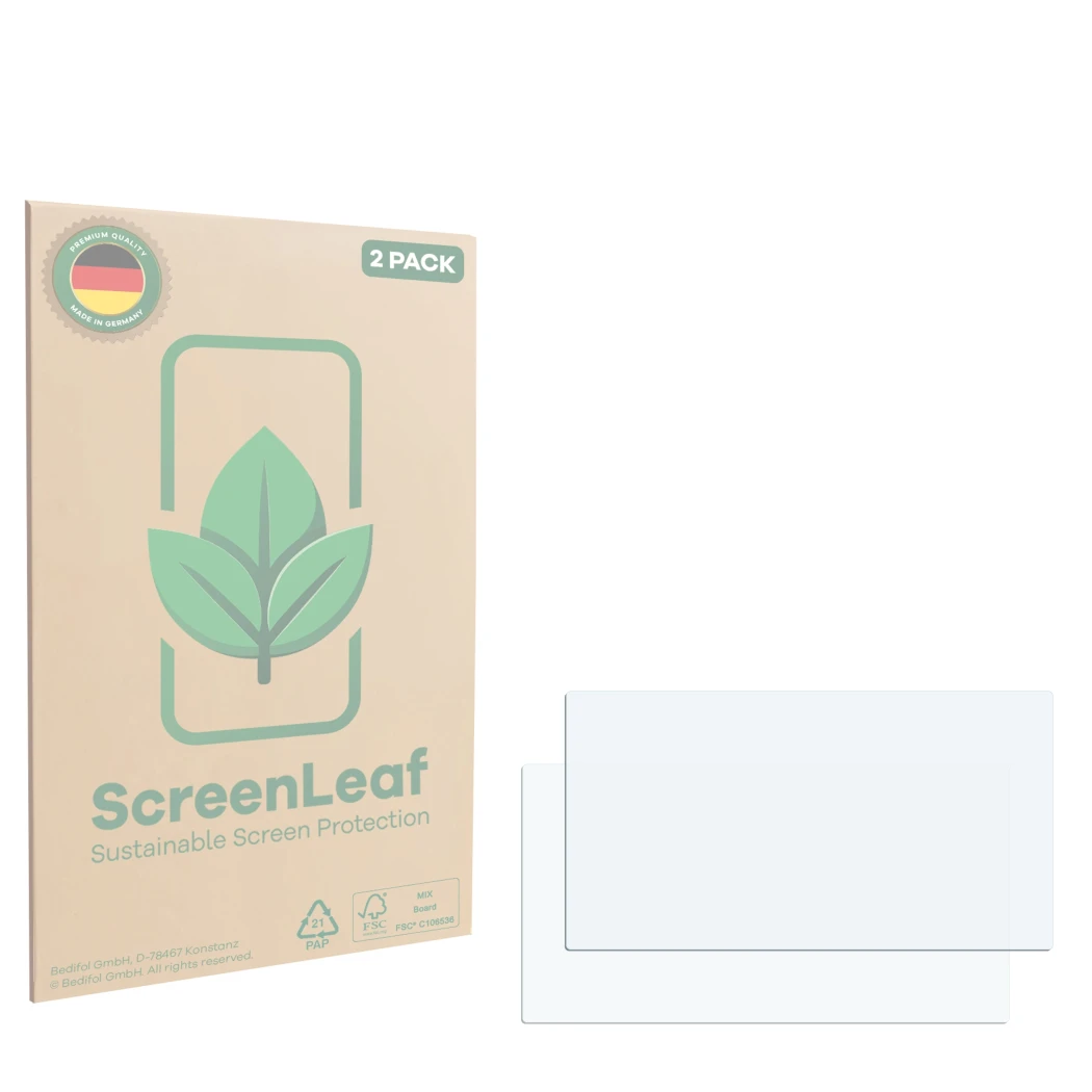 Front side of a product packaging with the brand logo ScreenLeaf. Next to it is the corresponding screen protector.