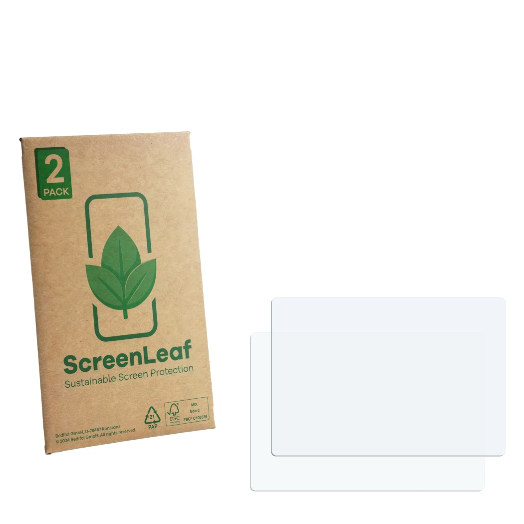 Front side of a product packaging with the brand logo ScreenLeaf. Next to it is the corresponding screen protector.