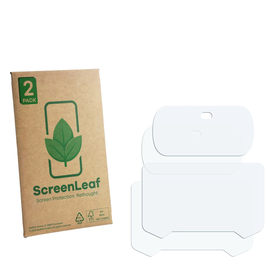 Front side of a product packaging with the brand logo ScreenLeaf. Next to it is the corresponding screen protector.