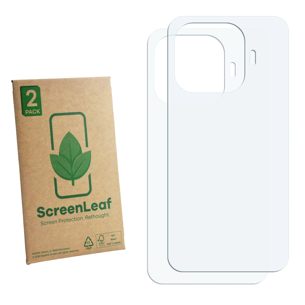 Front side of a product packaging with the brand logo ScreenLeaf. Next to it is the corresponding screen protector.