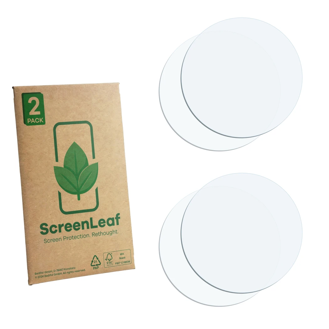 Front side of a product packaging with the brand logo ScreenLeaf. Next to it is the corresponding screen protector.