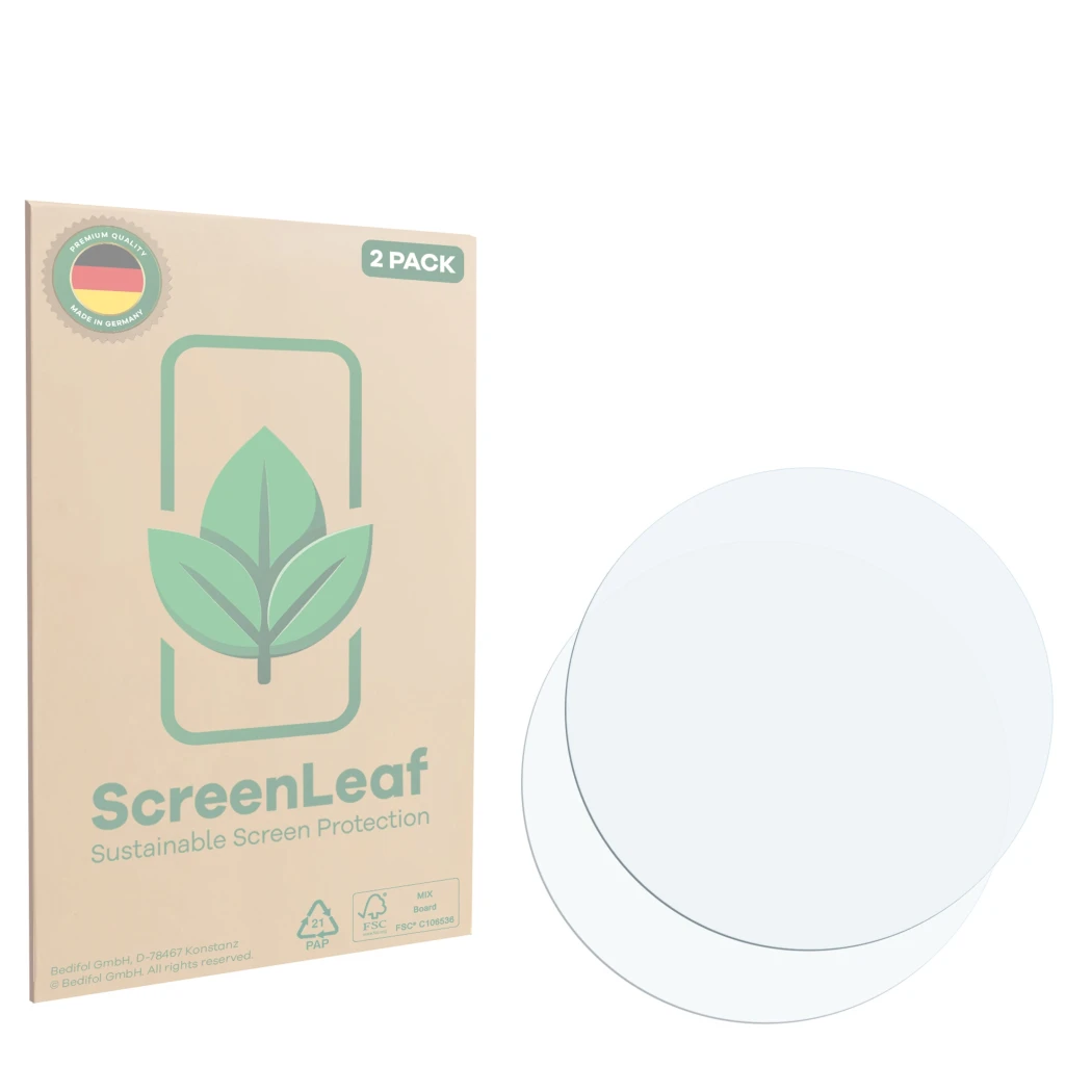 Front side of a product packaging with the brand logo ScreenLeaf. Next to it is the corresponding screen protector.