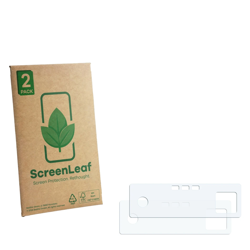 Front side of a product packaging with the brand logo ScreenLeaf. Next to it is the corresponding screen protector.