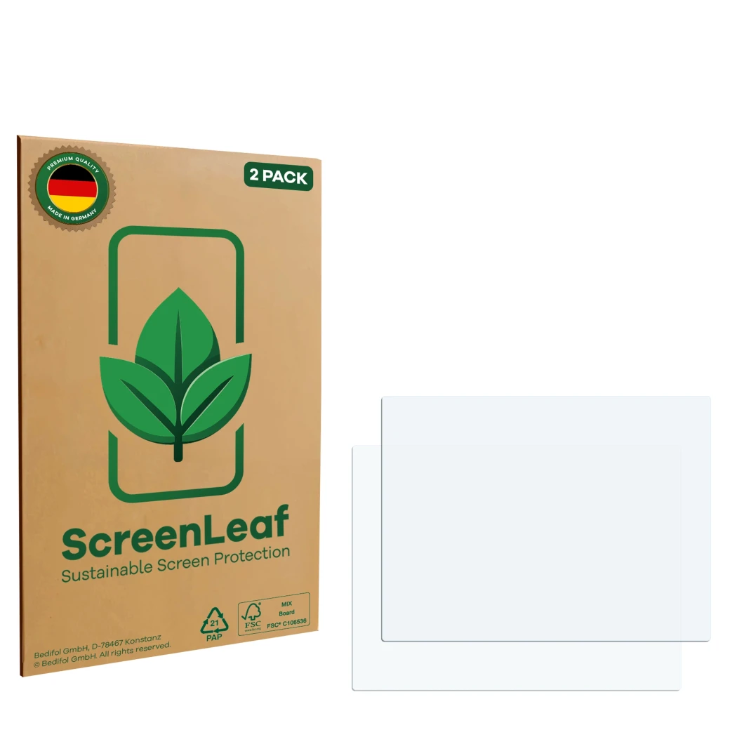 Front side of a product packaging with the brand logo ScreenLeaf. Next to it is the corresponding screen protector.