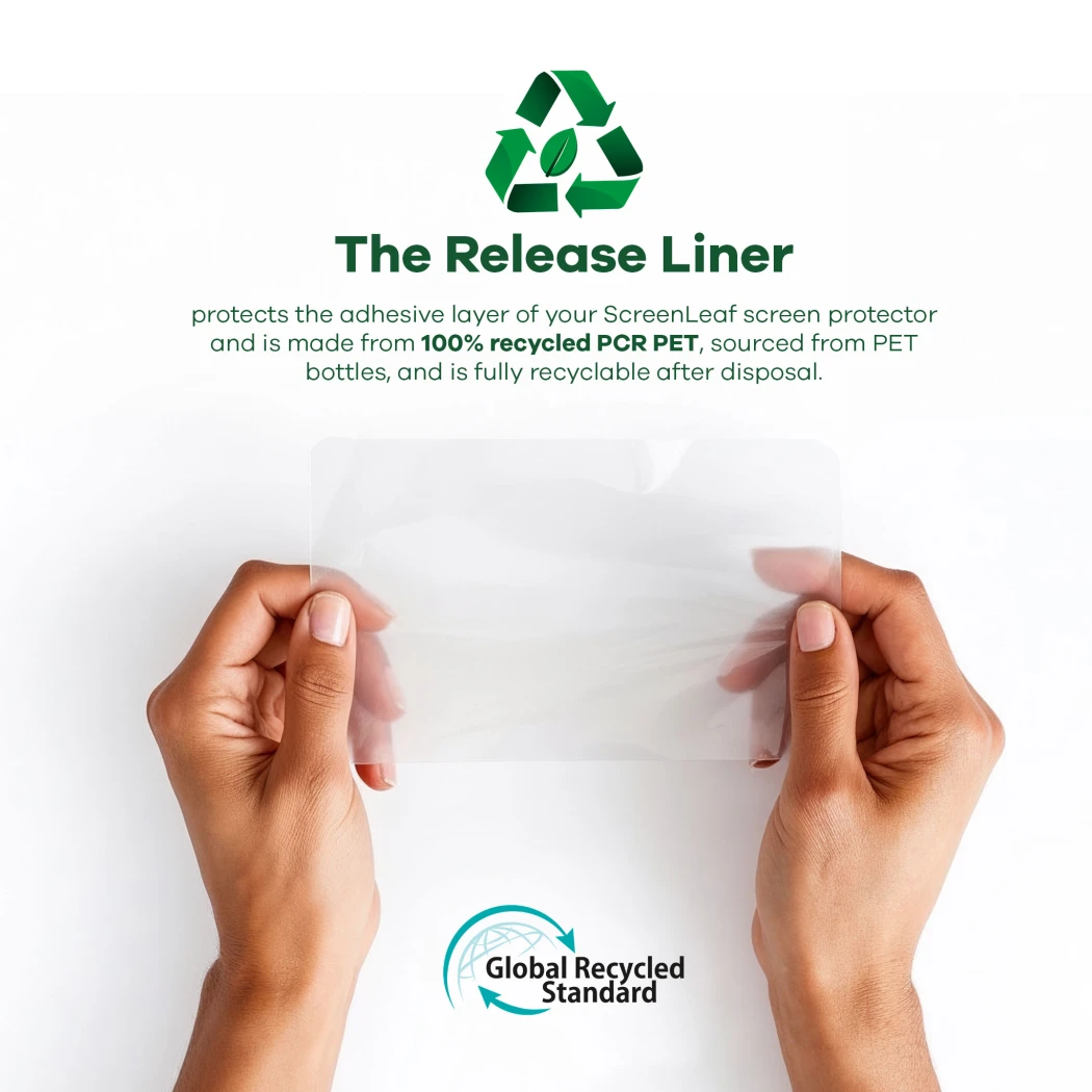 Information about the recycled backing material, which is made of 100% recycled PCR PET. At the bottom is the 