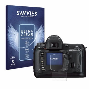 Front side of a product packaging with the brand logo Savvies. Next to it is the device Nikon D70 shown with the corresponding