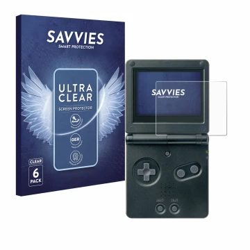 Front side of a product packaging with the brand logo Savvies. Next to it is the device Nintendo Gameboy Advance GBA SP shown 