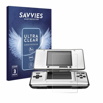 Front side of a product packaging with the brand logo Savvies. Next to it is the device Nintendo DS shown with the correspondi