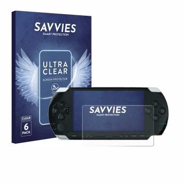 Front side of a product packaging with the brand logo Savvies. Next to it is the device Sony PSP 1000 shown with the correspon