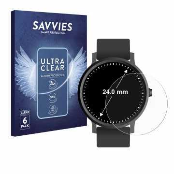 Front side of a product packaging with the brand logo Savvies. Next to it is the device Watches (Circular, ø: 24 mm) shown wit