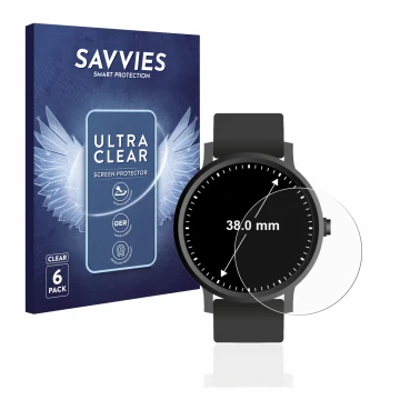 Front side of a product packaging with the brand logo Savvies. Next to it is the device Watches (Circular, ø: 38 mm) shown wit