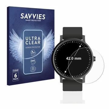 Front side of a product packaging with the brand logo Savvies. Next to it is the device Watches (Circular, ø: 42 mm) shown wit