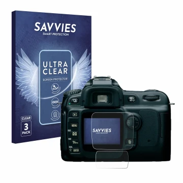 Front side of a product packaging with the brand logo Savvies. Next to it is the device Nikon D50 shown with the corresponding
