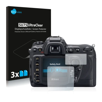 Front side of a product packaging with the brand logo Savvies. Next to it is the device Nikon D200 shown with the correspondin