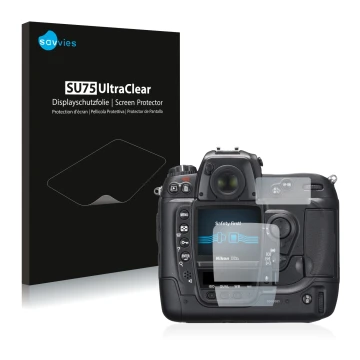 Front side of a product packaging with the brand logo Savvies. Next to it is the device Nikon D2X shown with the corresponding