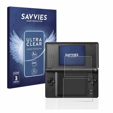 Front side of a product packaging with the brand logo Savvies. Next to it is the device Nintendo DS LITE shown with the corres
