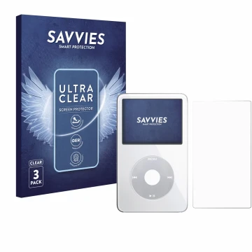 Front side of a product packaging with the brand logo Savvies. Next to it is the device Apple iPod Classic Video (Front+Back) 