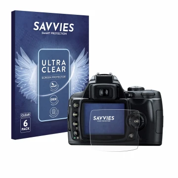 Front side of a product packaging with the brand logo Savvies. Next to it is the device Nikon D40 shown with the corresponding