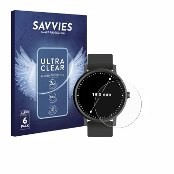 Front side of a product packaging with the brand logo Savvies. Next to it is the device Watches (Circular, ø: 19 mm) shown wit