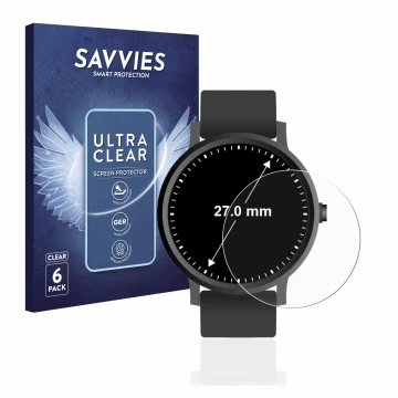 Front side of a product packaging with the brand logo Savvies. Next to it is the device Watches (Circular, ø: 27 mm) shown wit