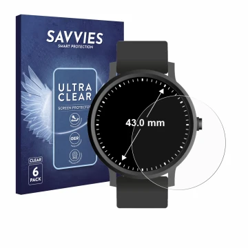 Front side of a product packaging with the brand logo Savvies. Next to it is the device Watches (Circular, ø: 43 mm) shown wit