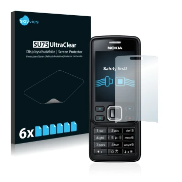 Front side of a product packaging with the brand logo Savvies. Next to it is the device Nokia 6300 2007 shown with the corresp