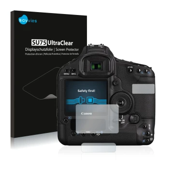 Front side of a product packaging with the brand logo Savvies. Next to it is the device Canon EOS 1D Mark III shown with the c