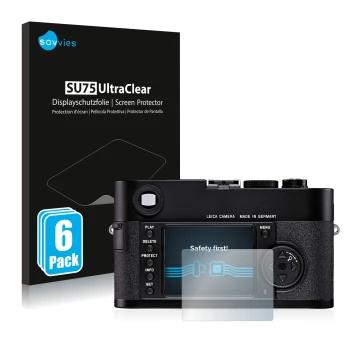 Front side of a product packaging with the brand logo Savvies. Next to it is the device Leica M8 shown with the corresponding 