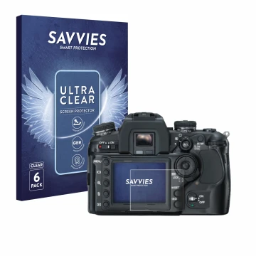 Front side of a product packaging with the brand logo Savvies. Next to it is the device Konica Minolta Dynax 7D shown with the