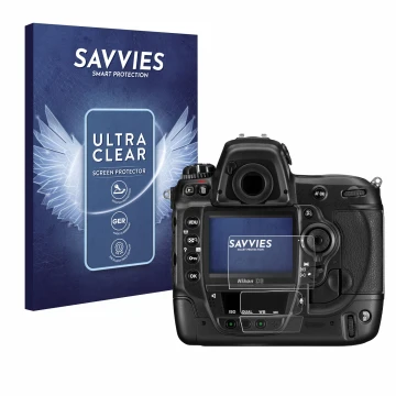 Front side of a product packaging with the brand logo Savvies. Next to it is the device Nikon D3 shown with the corresponding 