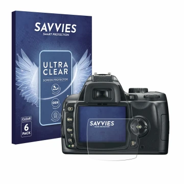 Front side of a product packaging with the brand logo Savvies. Next to it is the device Nikon D60 shown with the corresponding