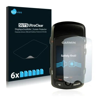 Front side of a product packaging with the brand logo Savvies. Next to it is the device Garmin Edge 705 shown with the corresp