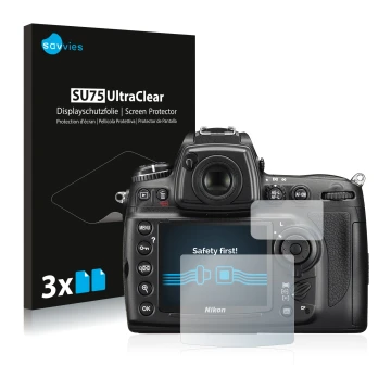 Front side of a product packaging with the brand logo Savvies. Next to it is the device Nikon D700 shown with the correspondin