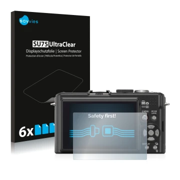 Front side of a product packaging with the brand logo Savvies. Next to it is the device Panasonic Lumix DMC-LX3 shown with the