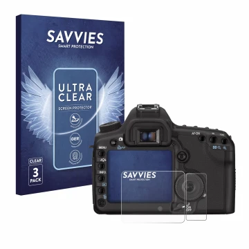 Front side of a product packaging with the brand logo Savvies. Next to it is the device Canon EOS 5D Mark II shown with the co