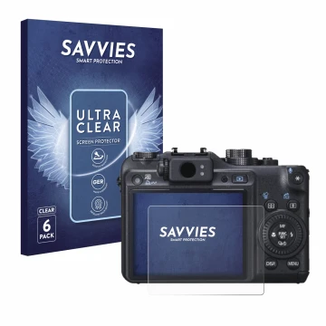 Front side of a product packaging with the brand logo Savvies. Next to it is the device Canon PowerShot G10 shown with the cor