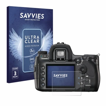 Front side of a product packaging with the brand logo Savvies. Next to it is the device Sony Alpha 900 (DSLR-A900) shown with 