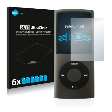 Front side of a product packaging with the brand logo Savvies. Next to it is the device Apple iPod nano (4th Gen.) shown with 
