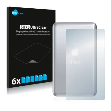 Front side of a product packaging with the brand logo Savvies. Next to it is the device Apple iPod classic 120 GB (Back, 7th G