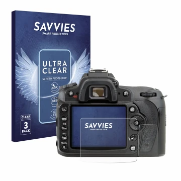 Front side of a product packaging with the brand logo Savvies. Next to it is the device Nikon D90 shown with the corresponding