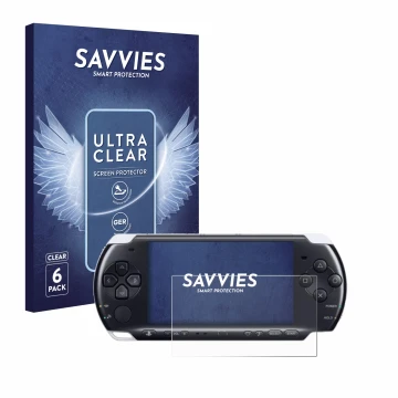 Front side of a product packaging with the brand logo Savvies. Next to it is the device Sony PSP 3000 shown with the correspon