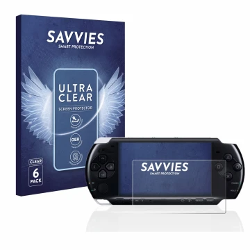 Front side of a product packaging with the brand logo Savvies. Next to it is the device Sony PSP 3004 shown with the correspon