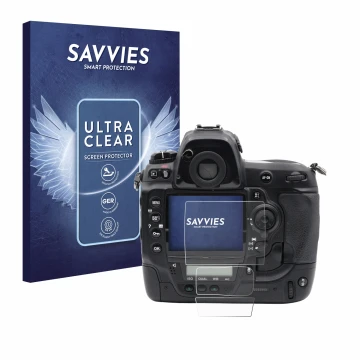 Front side of a product packaging with the brand logo Savvies. Next to it is the device Nikon D3x shown with the corresponding