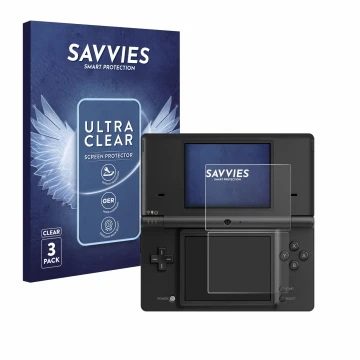 Front side of a product packaging with the brand logo Savvies. Next to it is the device Nintendo DSi shown with the correspond