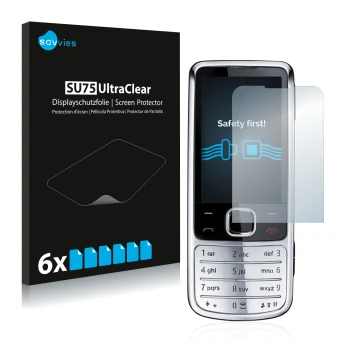Front side of a product packaging with the brand logo Savvies. Next to it is the device Nokia 6700 classic shown with the corr