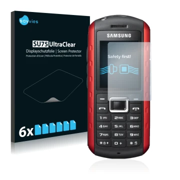 Front side of a product packaging with the brand logo Savvies. Next to it is the device Samsung B2100 shown with the correspon