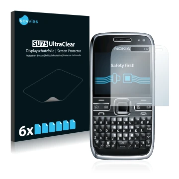 Front side of a product packaging with the brand logo Savvies. Next to it is the device Nokia E72 shown with the corresponding